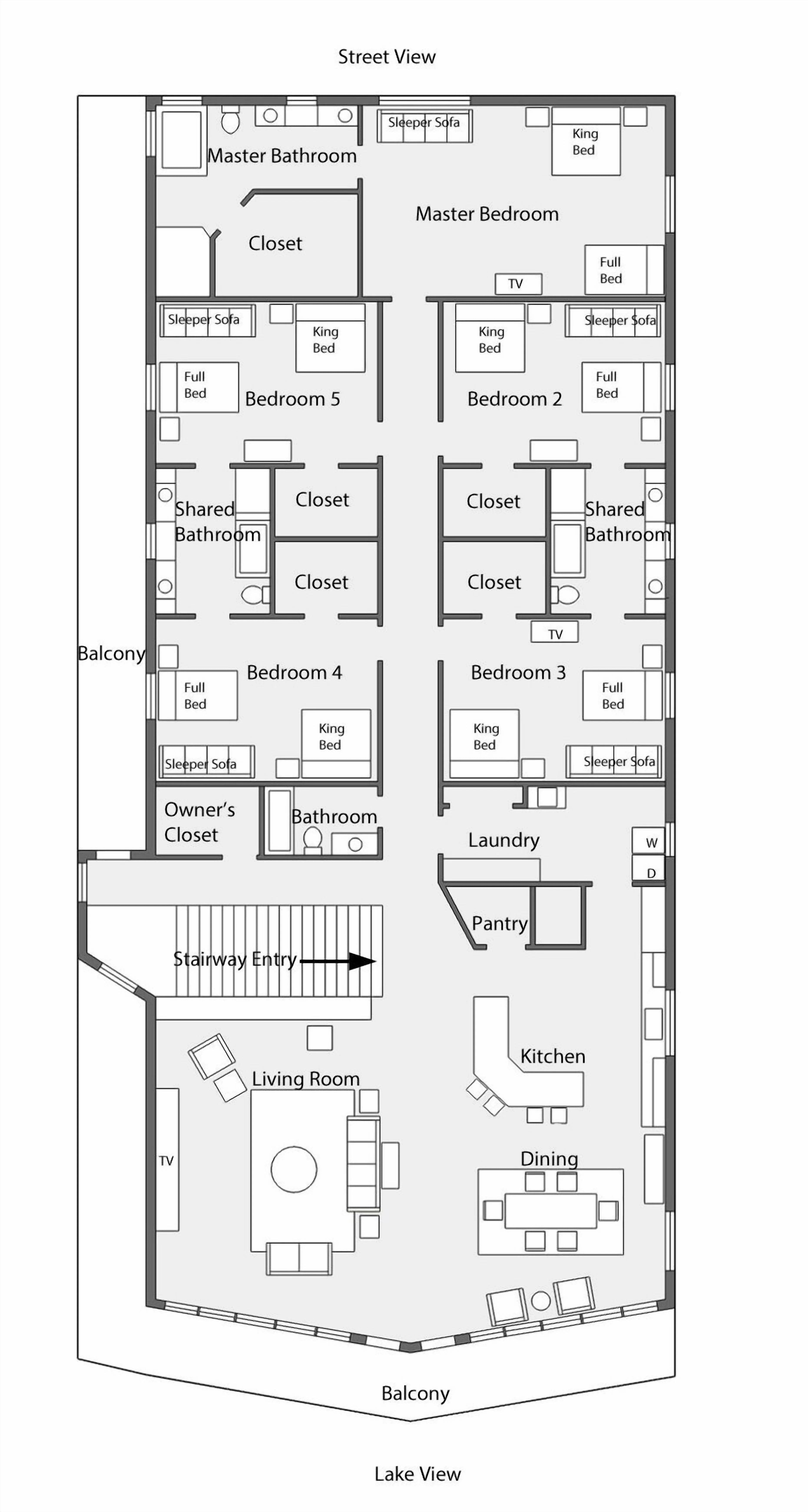 Floor plan showing all five bedrooms, four bathrooms, kitchen, dining area, living room, laundry, pantry, and balconies
